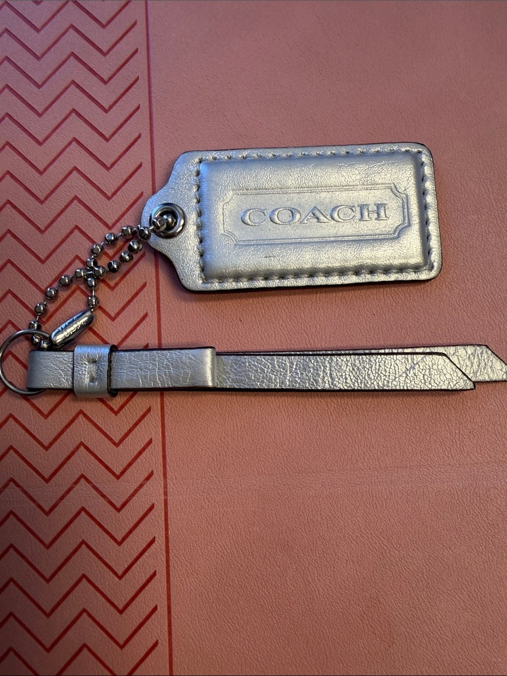 Coach Metallic Silver Leather Tag Key Fob